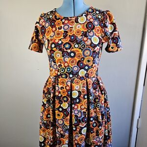 LuLaRoe Womens Dress Size XL Amelia Blue Black Red Circles Pockets